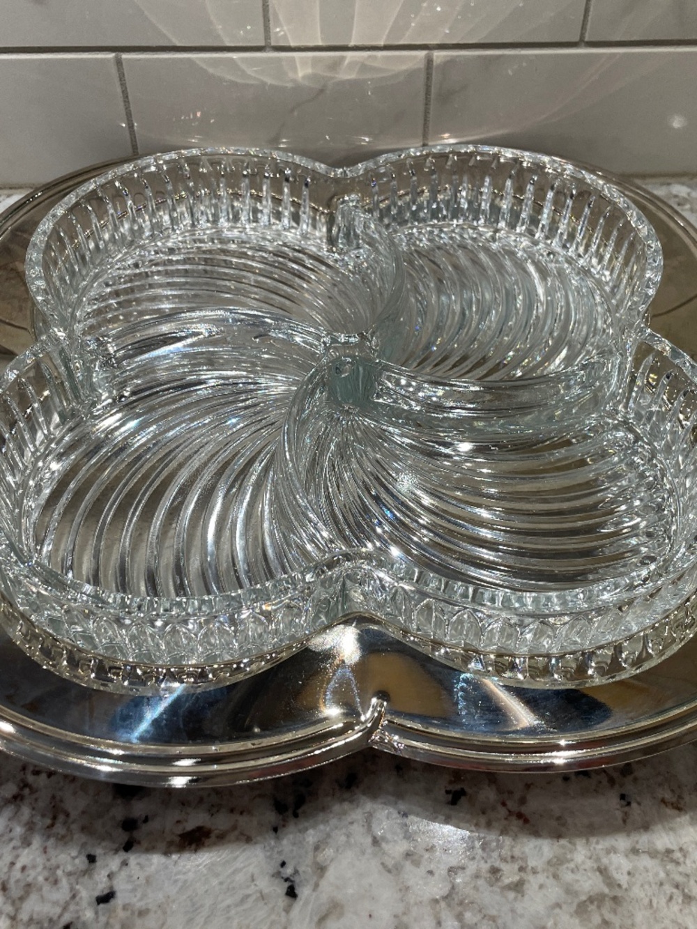 Godinger 2 Pc Silverplated Clover Tray & Glass Relish Plate Divided-NOS Vintage